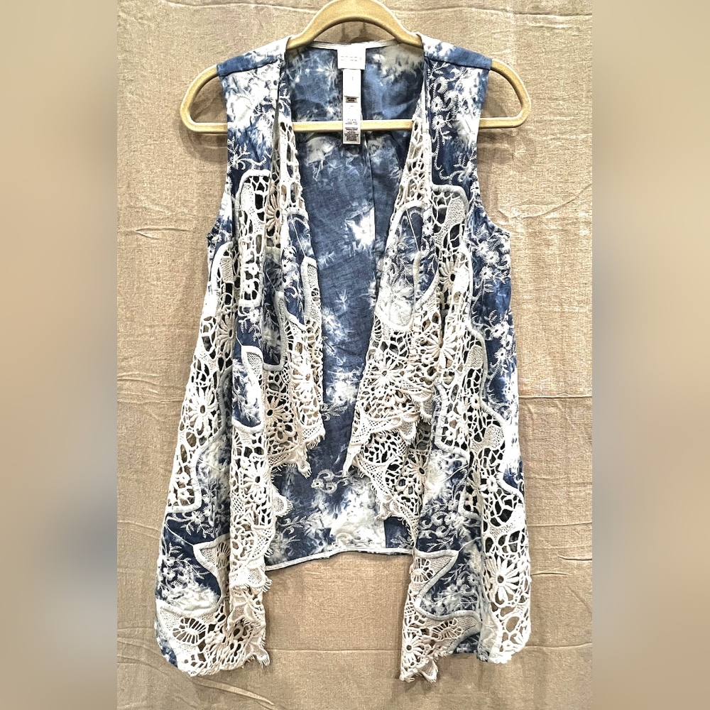 Chico's Blue Tie Dye Open Front Vest Long Flowy Lace Embroidered Trim Size 1